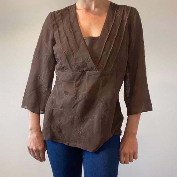Bohemian Brown Embroidered Chiffon 3/4 Sleeve Top - Picture 6 of 14